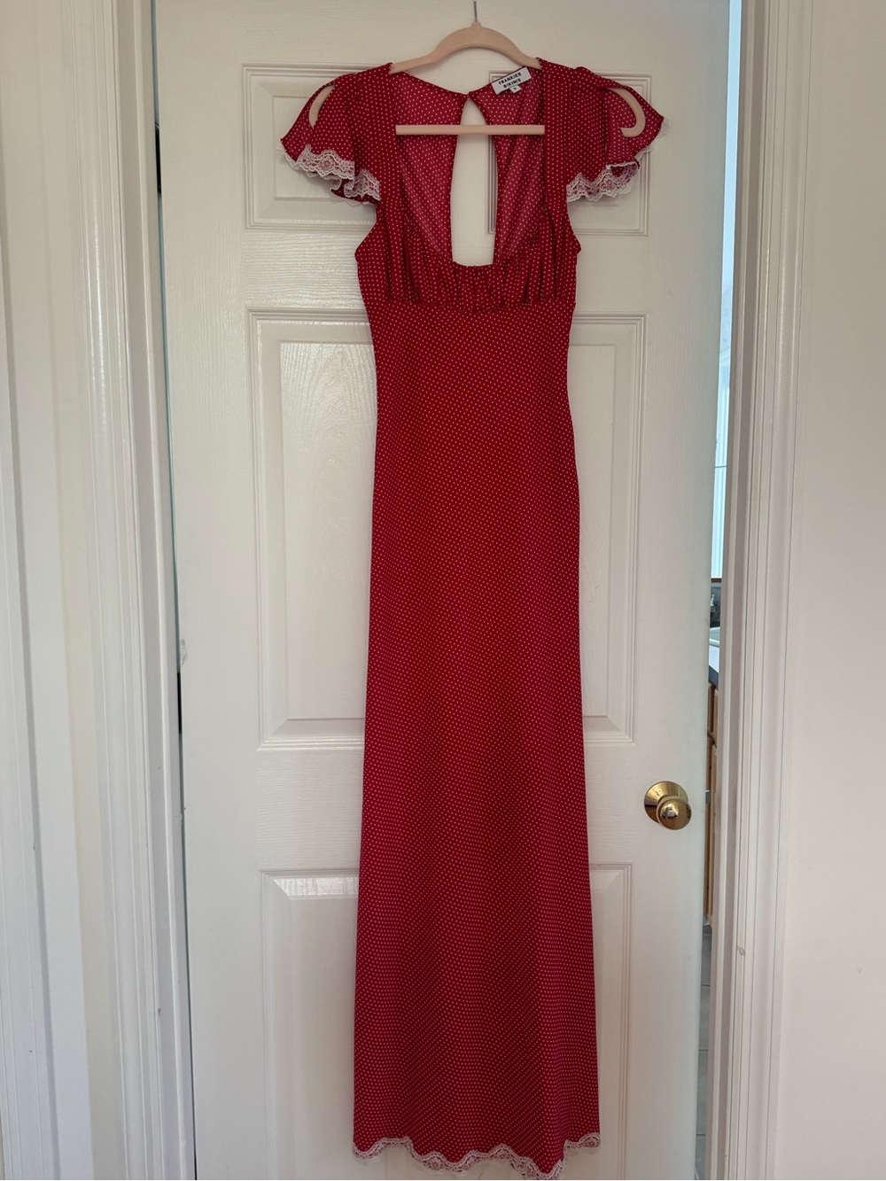 Frankie’s Bikinis Roslyn Dress Red Polka Dot Maxi with Lace Trim